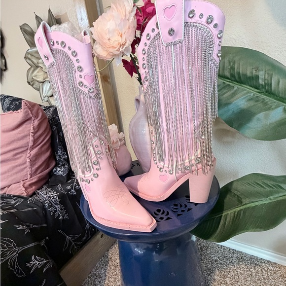 Dolls Kill Pink Western Rhinestone Fringe Boots - Picture 4 of 11